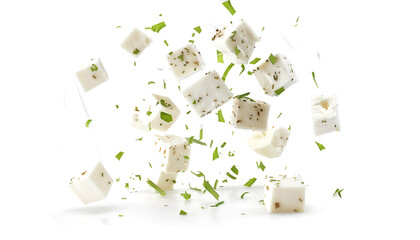 Falling greek feta cubes with herbs and spices, diced soft cheese isolated on white background