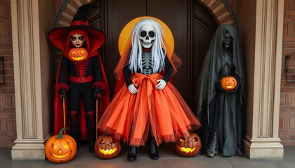 Three children in Halloween costumes stand in front of a door, each holding a lit jack-o'-lantern.