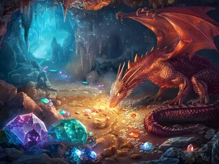Dragons cave filled with sparkling treasures and gems