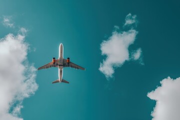 Fototapeta premium Airplane in sunny blue sky shot from below