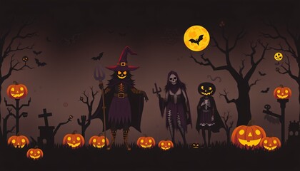 Three Halloween characters stand in front of a spooky forest with pumpkins and a full moon. - Powered by Adobe