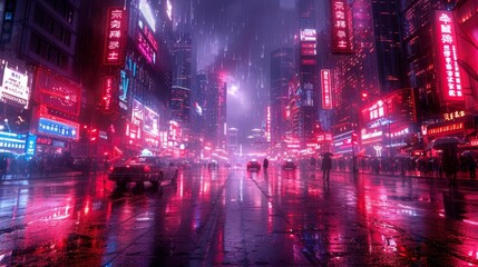 Fototapeta premium Rainy neon city street at night - generative ai