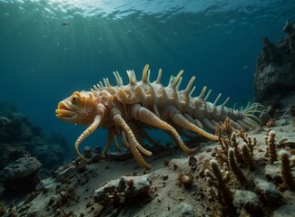 A strange, spiky creature with many legs crawls along the ocean floor. AI.