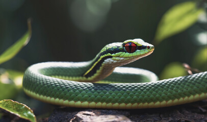 Obraz premium A green snake with red eyes sits coiled on a branch in the forest