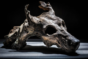 A piece of driftwood shaped like a wolf's head, resting on a dark surface. Generated by AI.