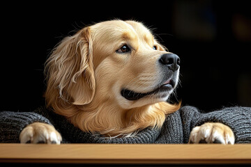 A golden retriever dog wears a gray sweater and looks up with curiosity. Generated by AI.