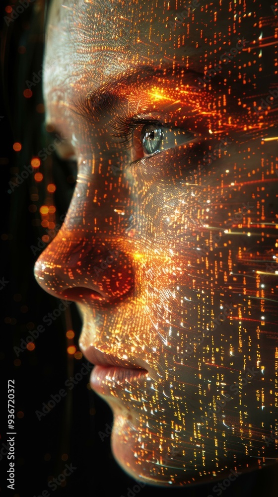 Wall mural a face illuminated with digital code. ai.
