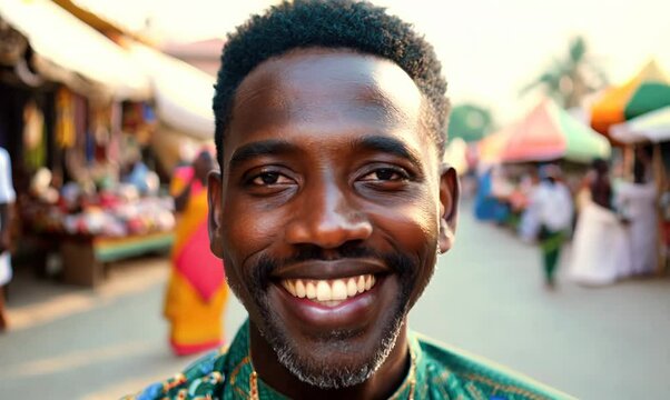 Nigerian Man Smiling Warmly at a Stranger on a Busy Street