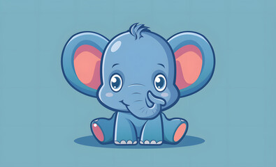 Fototapeta premium Cute cartoon elephant sitting on a blue background. 