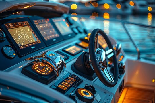 Captain s control hub  steering wheel and dashboard of motor boat for yacht and speedboat navigation