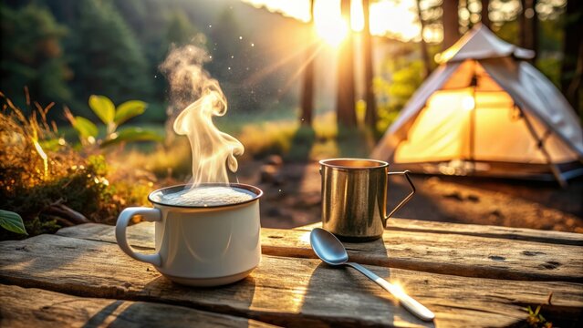 Soft morning light illuminates a rustic campsite scene as spoonfuls of powdered milk are added to a steaming cup of coffee, blending creamy textures.