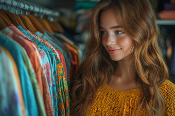 A young woman choosing sustainable fashion items from a bright, minimalist wardrobe. The image emphasizes eco-friendly clothing and mindful consumer choices.