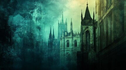 Silhouette of a city skyline with gothic architecture in a greenish misty atmosphere