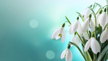 Timeless Beauty - A bouquet of snowdrops on the side of a light gradient blue background. Graphic art illustration. Ai Generated