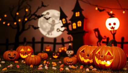 Lit Jack-o'-lantern pumpkins in front of a spooky Halloween scene with a full moon, haunted house, a witch, bats, and candy corn.