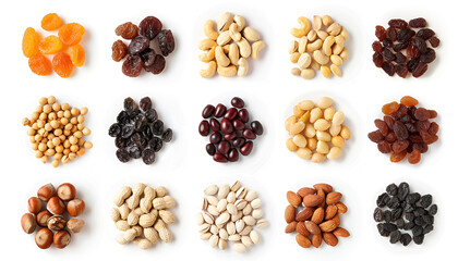 Obraz premium Nuts and dried fruits isolated on white background