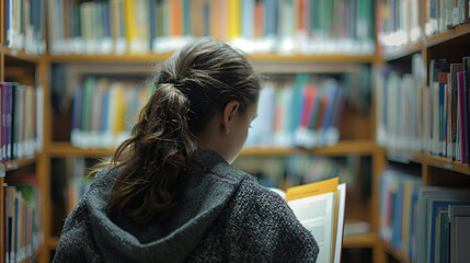 Library Study: A woman studying mental health resources in a library, with copy space