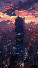 Obraz premium The beautiful skyscraper stands tall as the city below lights up under a colorful sunset, blending nature and architecture