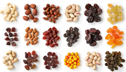 Obraz premium Nuts and dried fruits isolated on white background