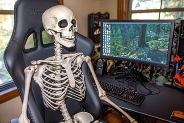 Skeleton Sitting on Gaming Chair in Front of Computer Desk at Home Office Setup