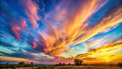 Soft, whimsical pastel hues of pink, blue, and yellow blend seamlessly in a serene and idyllic sky with gentle, wispy clouds at sunset.