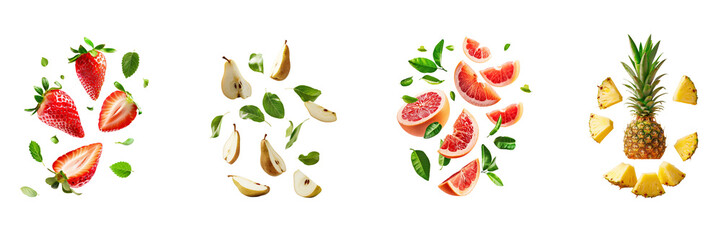 Naklejka premium Set of different fruits half slices falling in the air with green leaves isolated on a transparent background
