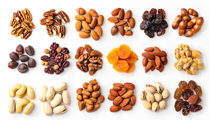 Obraz premium Nuts and dried fruits isolated on white background