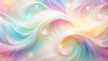 Soft, whimsical pastel rainbow hues swirl and dance across a creamy white background, evoking a sense of dreamy wonder and gentle, optimistic magic.