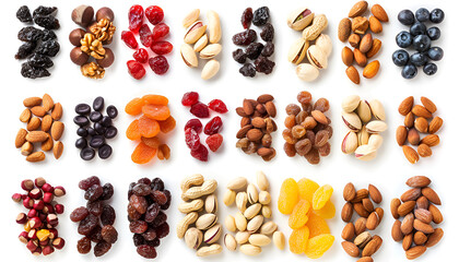 Obraz premium Nuts and dried fruits isolated on white background