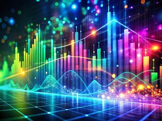 Data dynamics unfold in radiant charts and graphs, where electric hues and digital streams intersect with pixelated textures and abstract circuitry patterns.