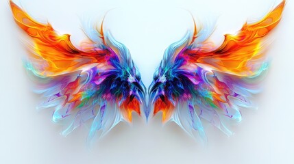 Beautiful abstract art with vibrant animal fractal wings, perfectly symmetrical and detailed, set against a white backdrop