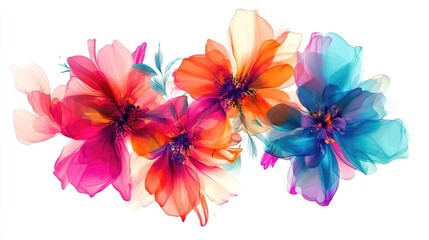 Beautiful abstract digital art of vivid flowers, arranged to create a stunning piece on a white background, bright and elegant