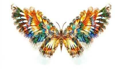 Beautiful fractal wings of animals, symmetrically arranged with vivid colors and intricate designs, set against a white background