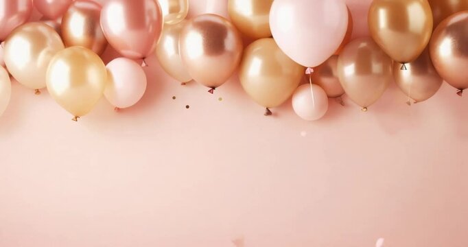 balloon confetti luxury border background in gold pastel rose pink color, seamless looping loop motion with copy space empty place for women's day valentines day easter mothers day graduation