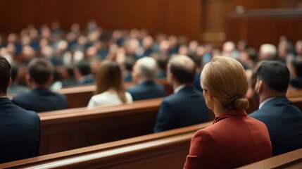 A courtroom gallery filled with people watching a high-profile trial, courtroom, justice, public gallery