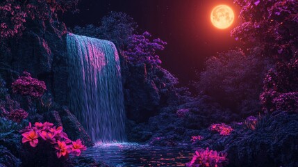 Neon plants and flowers glowing on a black background, with a serene waterfall and the moon shining in the night sky