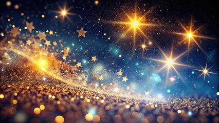 Obraz premium Sparkling glitter particles swirl amidst a celestial backdrop of twinkling stars, creating a whimsical and magical atmosphere perfect for festive or inspirational designs.