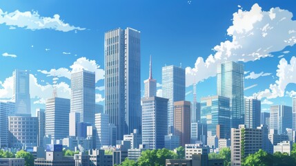 A towering, anime-style skyscraper stands prominently in the heart of a vibrant city, surrounded by other modern buildings and greenery