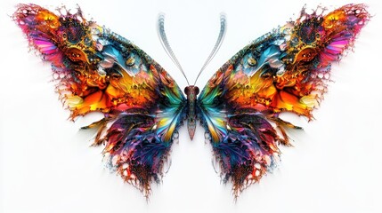 Symmetrical fractal wings of colorful animals, creating intricate abstract art on a white background with vivid hues