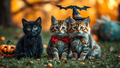 Three adorable kittens dressed in Halloween costumes, with one wearing a witch hat and bat wings, one wearing a red bowtie and one wearing a patterned