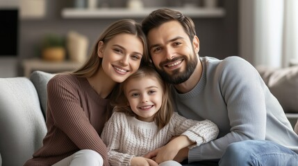 Fototapeta premium A joyful family of three smiling together on a cozy couch in a warmly decorated living room during afternoon light