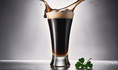 A glass of dark beer with a splash of foam sits on a gray surface with a green shamrock
