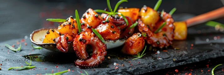 Galician-inspired octopus tapas served with potatoes in a ceramic spoon on a black slate platter, a traditional Spanish appetizer.