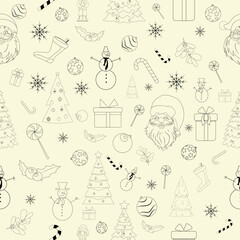  Christmas doodles seamless pattern, with santa claus, xmas tree, snowman, reindeer, cane, gift, sock,  branches, berries, good for banners, wallpapers, wrapping, textiles. Vector illustration