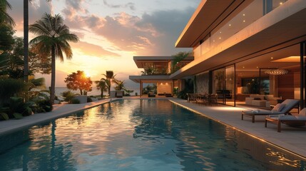 Fototapeta premium Luxury Modern House by the Pool at Sunset Generative AI
