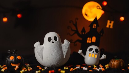 Two white ghosts, a black jack-o-lantern, and an orange pumpkin in front of a silhouette of a haunted house.