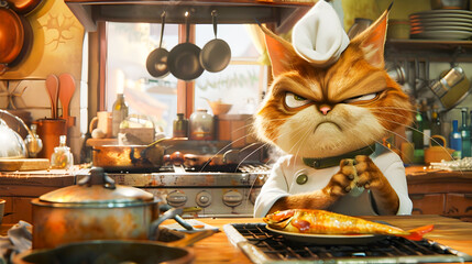 A grumpy looking animated tabby cat chef is intently focused on grilling a fresh fish in a busy rustic kitchen setting with various cooking equipment and dishes surrounding them