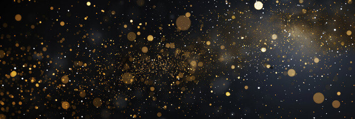 Dark christmas background, gold starry sky, many golden particles floating in the air, top view,...