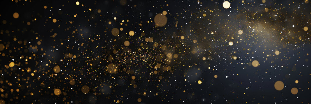 Dark christmas background, gold starry sky, many golden particles floating in the air, top view, black background new years festive