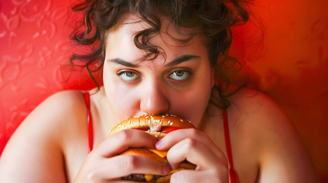 Close up portrait of a curly haired overweight woman indulging in a fast food burger set against a vibrant red background  The image captures the woman s hand bringing the burger to her open mouth